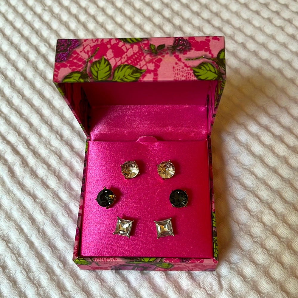 Betsey Johnson Earring Set, 3 large rhinestone earring sets, NWT